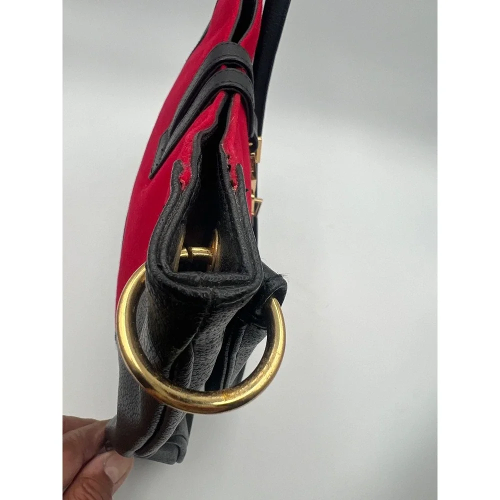 Vintage Red Black Shoulder Handbag Gold Clasp Faux Leather Purse Satchel Tote